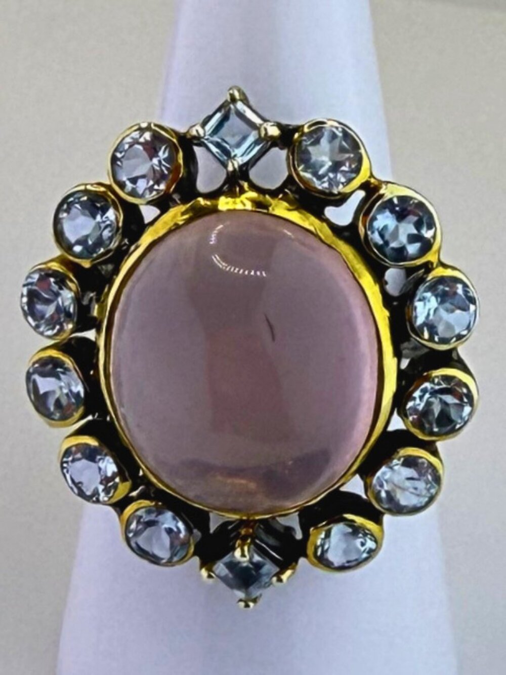 Handmade Rose Quartz Topaz Ring 925 Silver 14k Gold Size 7.5 Resizable